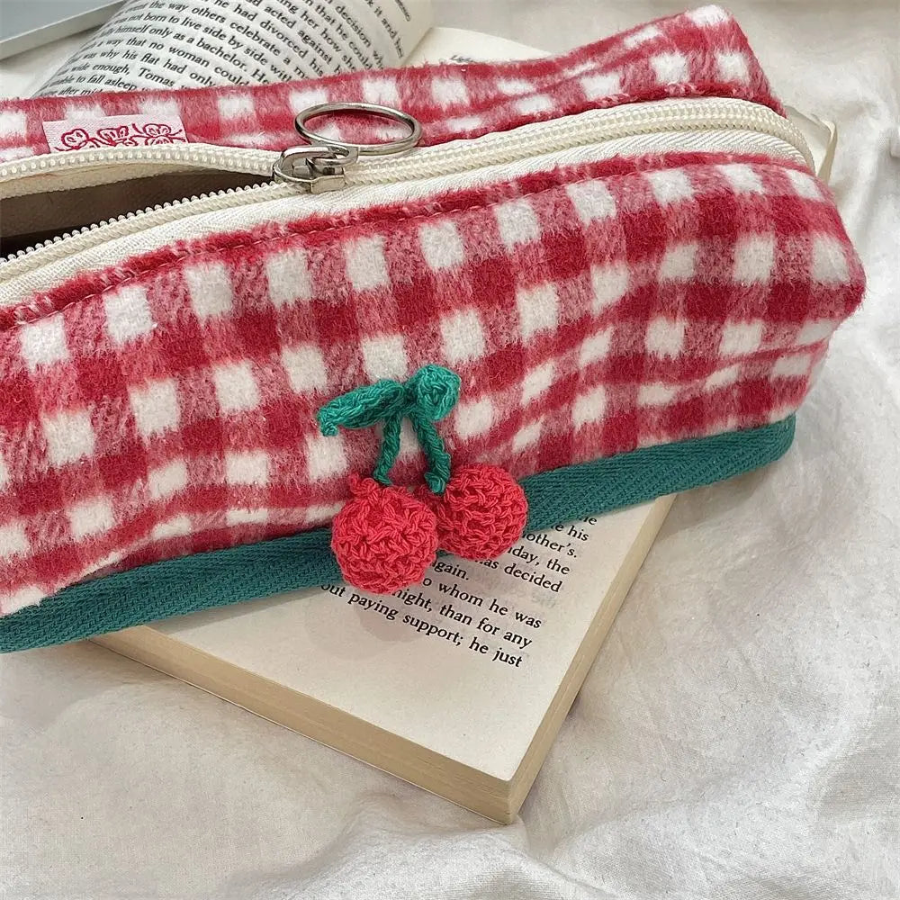Winter Cat Gingham Zipper Pouch - Ice Cream Cake