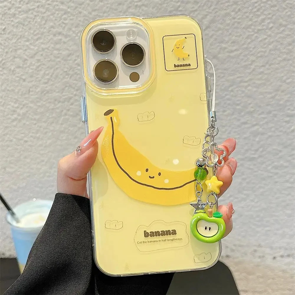 Funny Bite Apple Banana Phone Case For iPhone 11 12 13 14 15 16 17 Pro Max 16E 17Air 7 8 Plus Cute Fruit Pendant keychain Cover - Ice Cream Cake