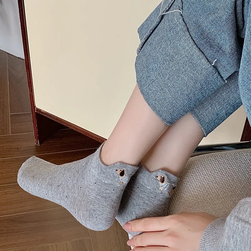 Spring Summer Thin Women Short Socks Polka Dots Cute Cartoon Sausage Dog Embroidery Boat Socks Pure Cotton Short Trendy Socks - Ice Cream Cake