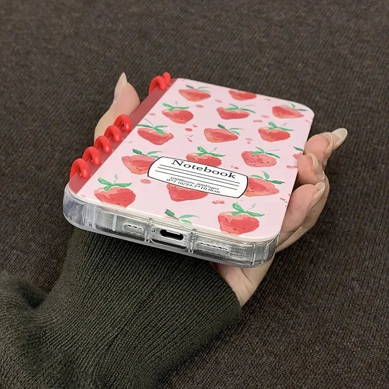 Cute Strawberry Fruit Flip Phone Case For iPhone 17 Air 16 15 14 13 12 11 Pro Max Plus Coil Notebook Shape Shockproof Cover - Ice Cream Cake