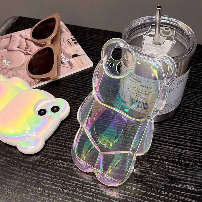 Ins Cute 3D Aurora Cartoon Bear Case For iPhone 11 13 12 14 15 16 17 Pro Max Plus Air Colorful Laser Rainbow Gradient Soft Cover - Ice Cream Cake