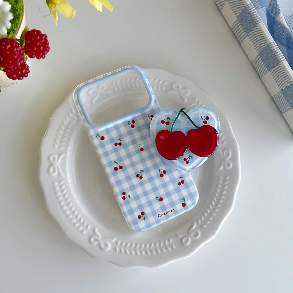 3D Cute Cherry Blue Grid Pattern Magnetic Grip Tok Phone Cases for iPhone 17pro 15 16 pro max Wireless Charge For Magsafe Cover - Ice Cream Cake