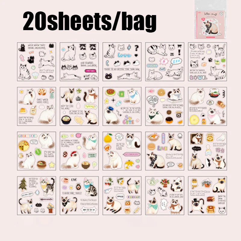 20pcs Corner Cats PET Square Sticker Book for Journal Scrapbooking Planner Decoration Waterproof Cute Animal Stickers, Mr. Paper - Ice Cream Cake