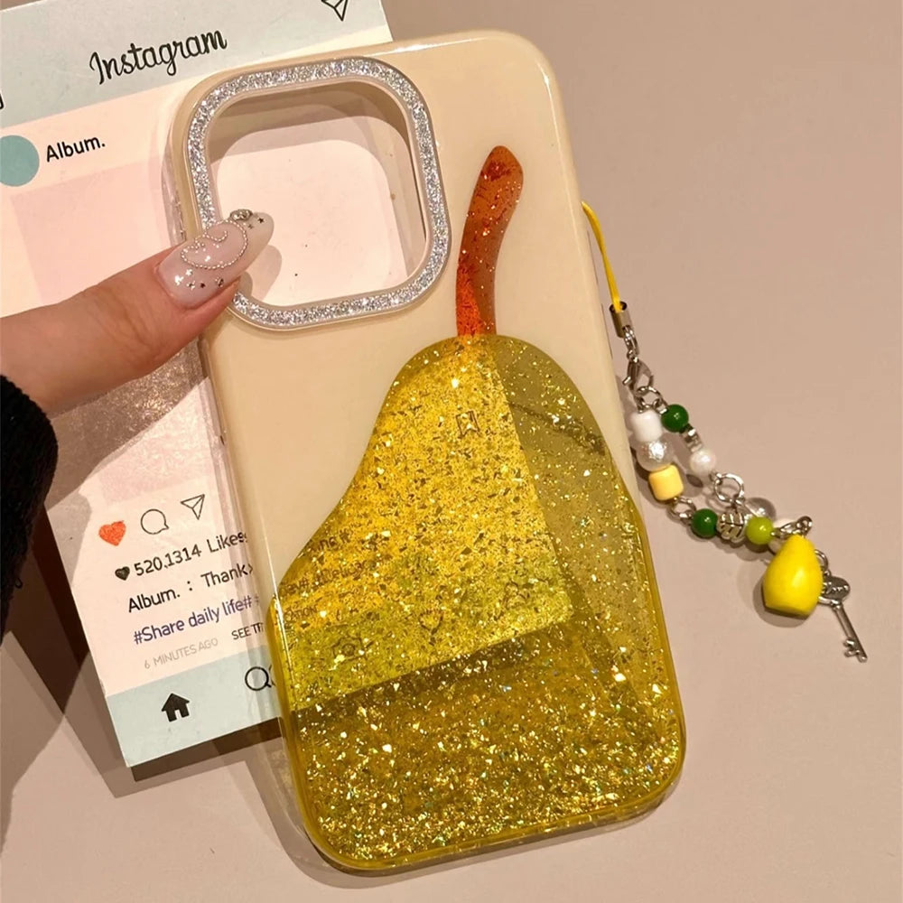 Fashion Cute Pear Glitter Bling Phone Case for iPhone 15 16 14 13 17 Pro Max Diamond Clear Luxury Transparent Cover Women Girl - Ice Cream Cake