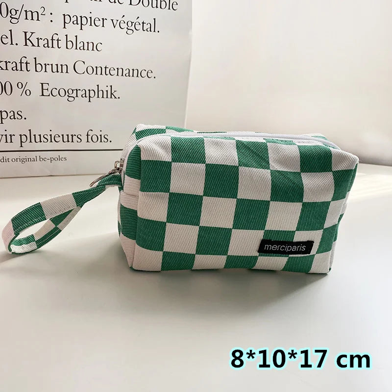 Korean Fashion Plaid Travel Makeup Kits Cosmetic Storage Bag Women Handbags Wallet Organizer Cute School Pencil Cases Pouch Bags - Ice Cream Cake