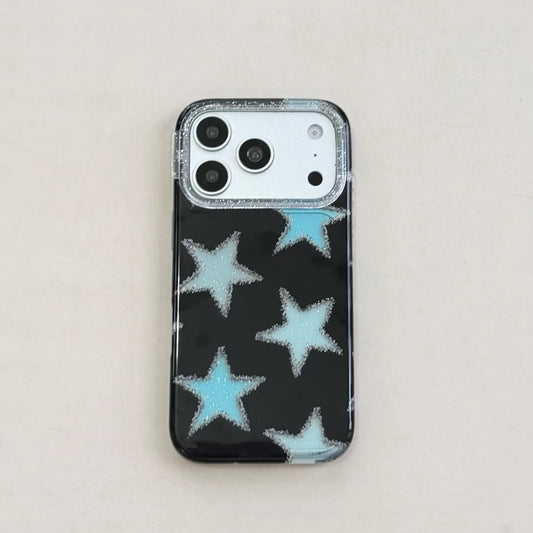 Phone case with blue star pattern on a light gray background