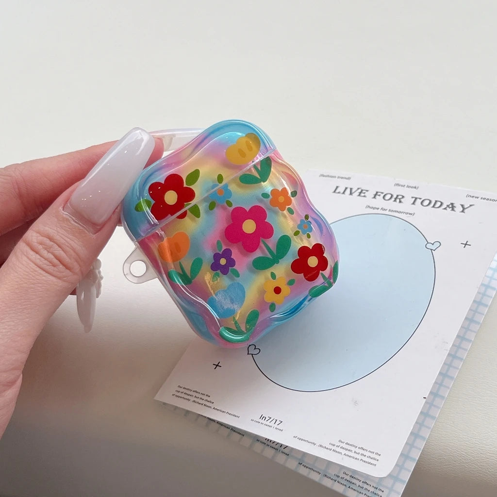 Fashion Dopamine Colorful Flower Print With Beaded Charm Pendant Protect Earphone Cover Case for AirPods 1 or 2 3 4 Pro 2 Pro 3 - Ice Cream Cake