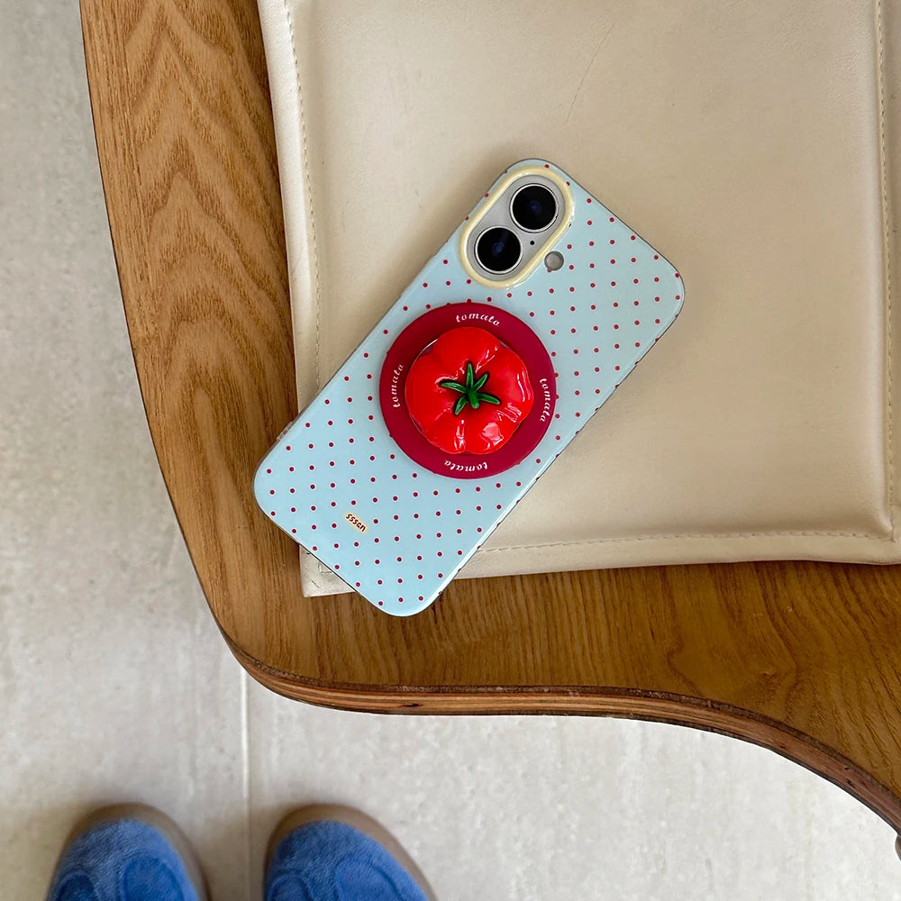 3D Polka Dot Cute Tomato Magnetic Grip Tok Phone Stand Holder Phone Case for iPhone 16 15 13 17 Pro Max For Magsafe Back Cover - Ice Cream Cake