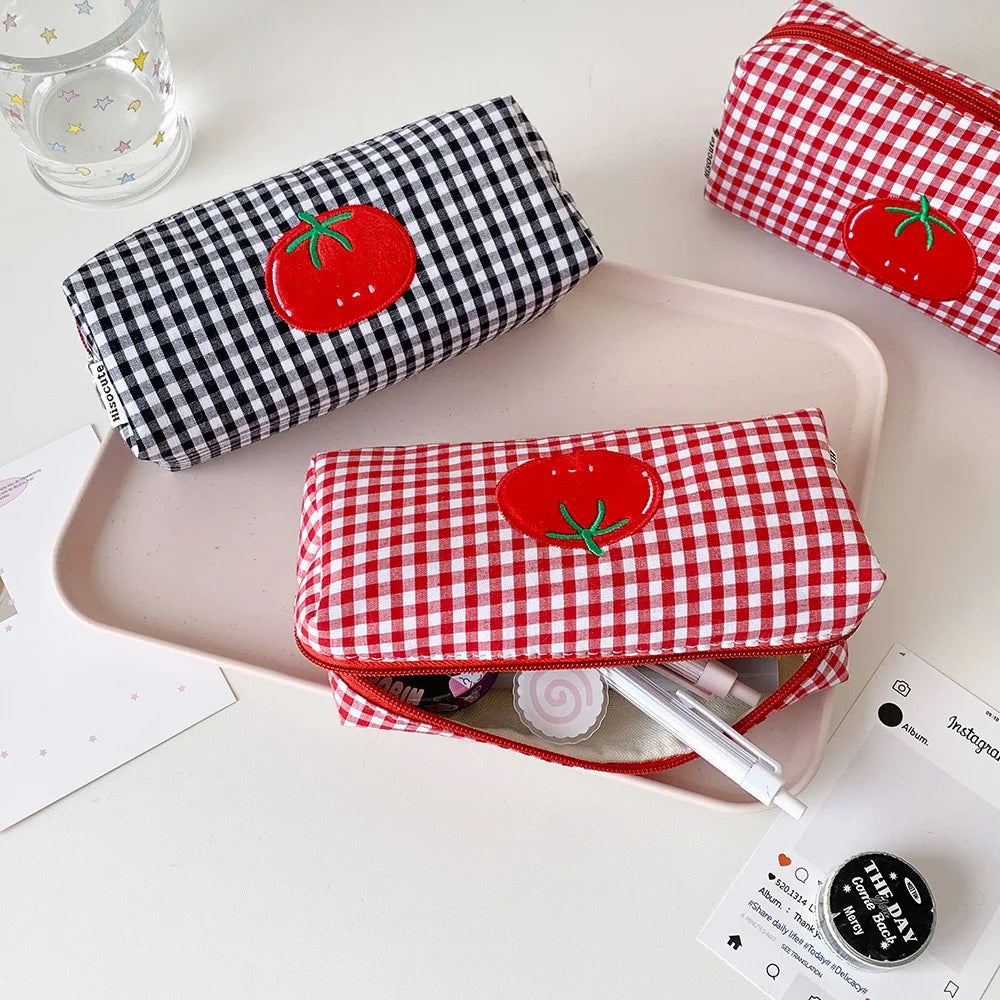 1pc Fashion Cartoon Tomato Plaid Pencil Case Student Stationery Large Capacity Desktop Storage Pen Bag Kids School Supplies - Ice Cream Cake