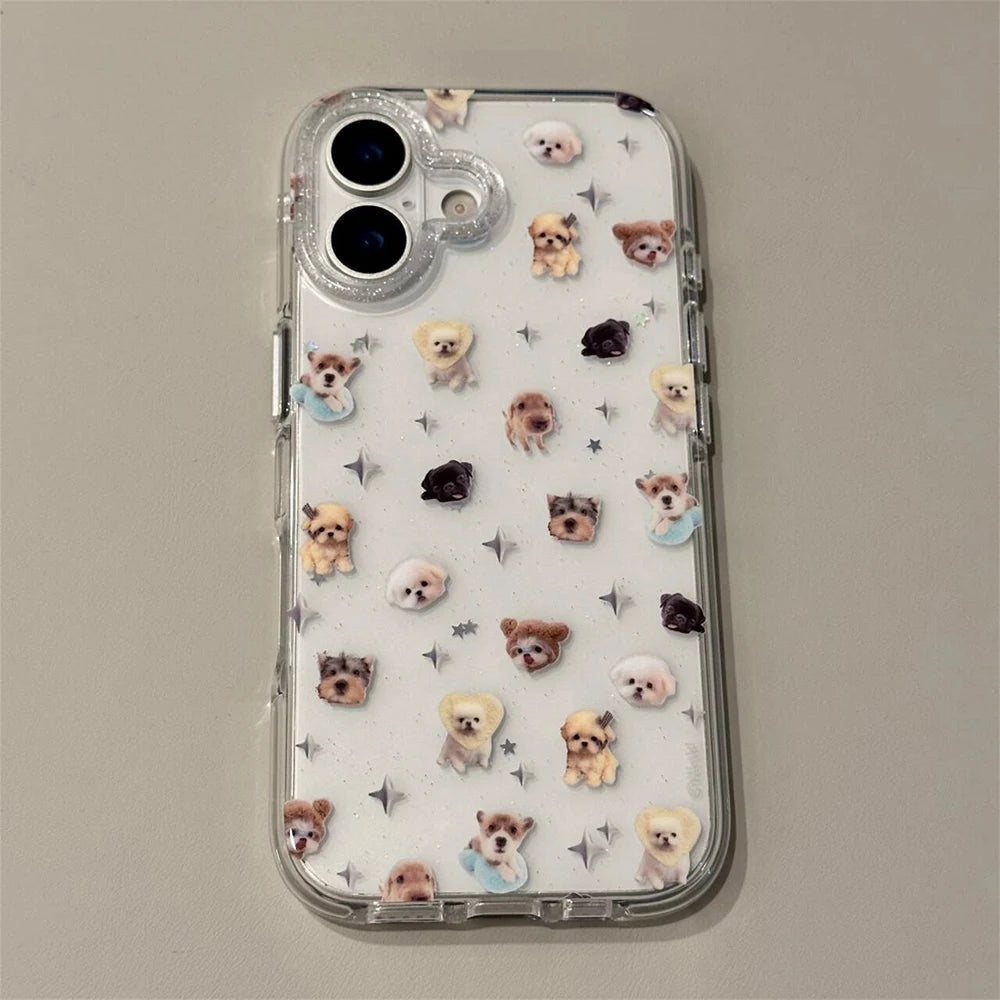 A clear protective phone case decorated with small cartoon dog illustrations and scattered silver star accents, shown on a light gray background.