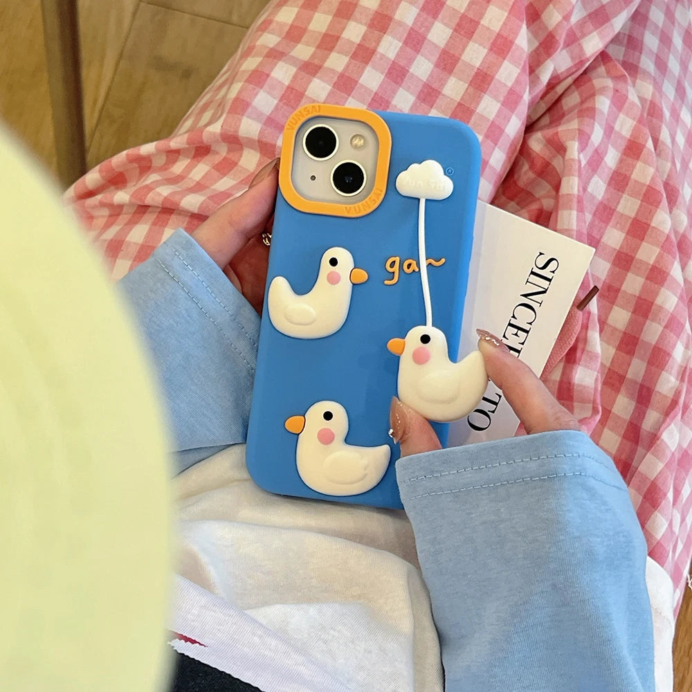 Cute 3D Duck Pendant Shockproof Cover Cartoon Shatter Silicone Soft Phone Case For iPhone 17 16 15 14 13 12 Pro Max - Ice Cream Cake