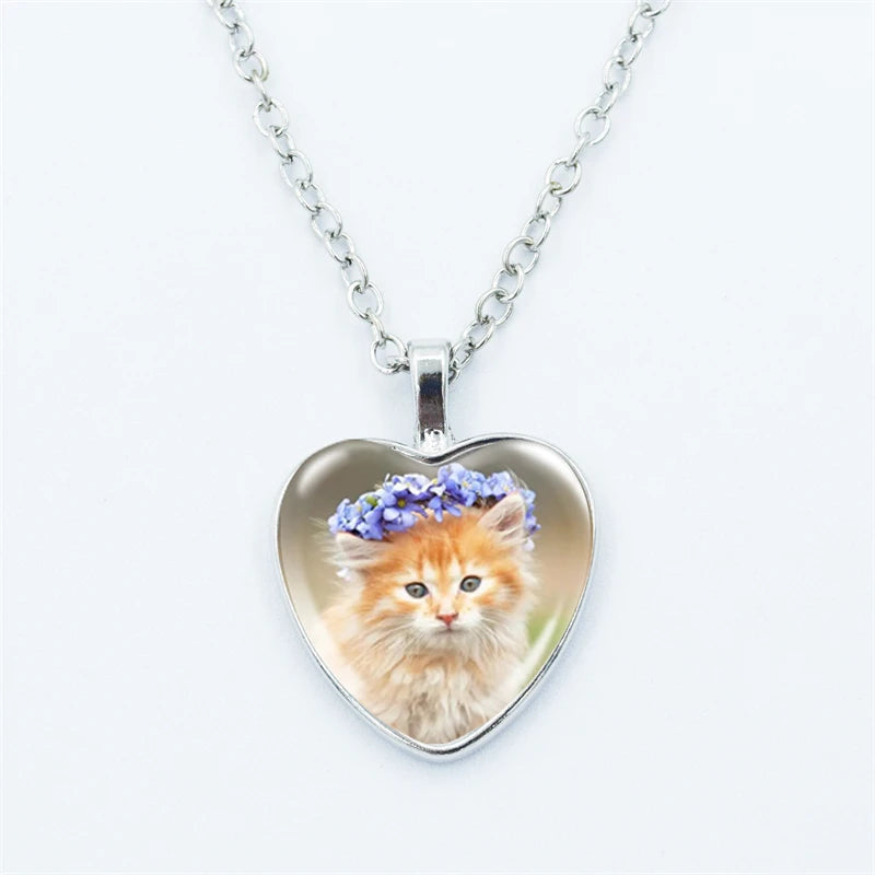 Heart Shaped Kitschy Kitty Cat Pendant Necklace