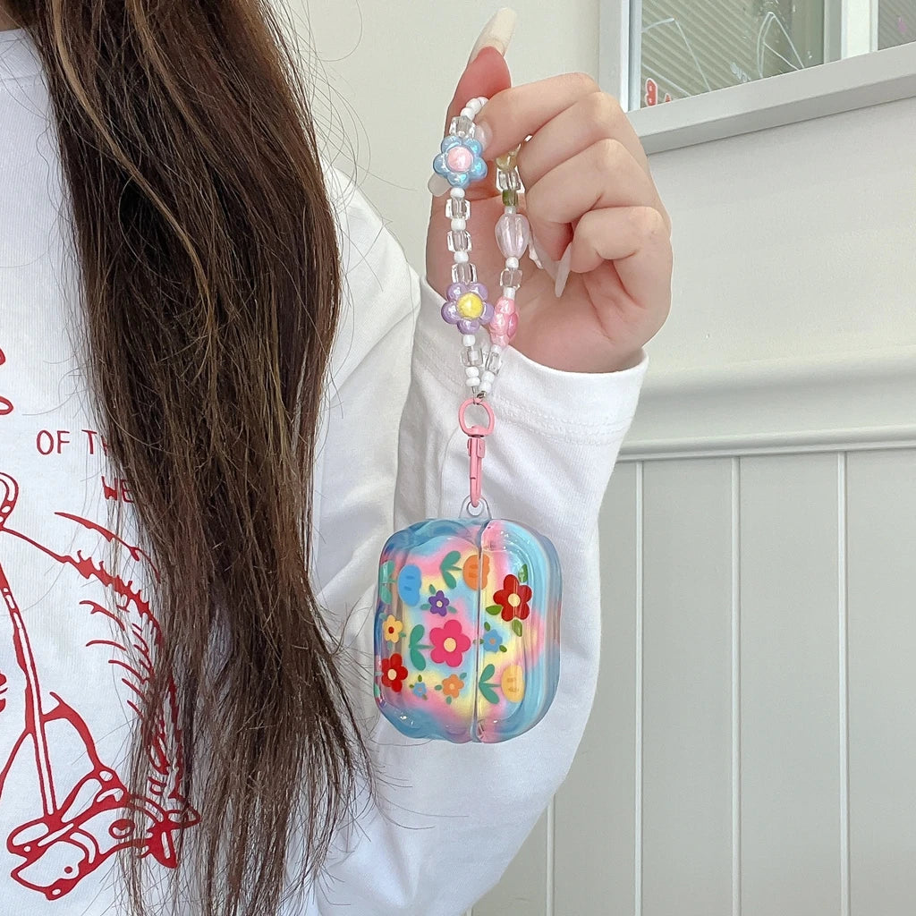 Fashion Dopamine Colorful Flower Print With Beaded Charm Pendant Protect Earphone Cover Case for AirPods 1 or 2 3 4 Pro 2 Pro 3 - Ice Cream Cake