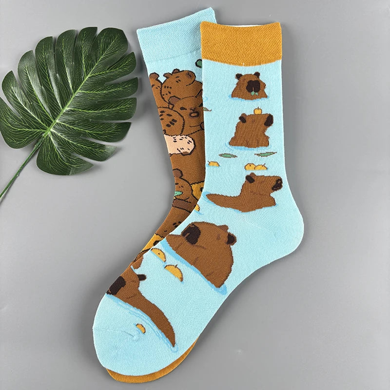 Sock with capybara design on a gray background