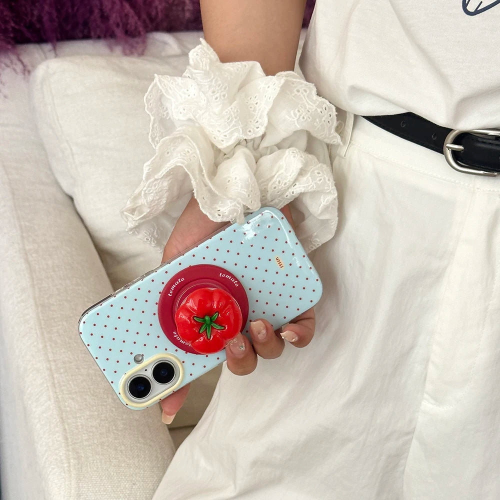 3D Polka Dot Cute Tomato Magnetic Grip Tok Phone Stand Holder Phone Case for iPhone 16 15 13 17 Pro Max For Magsafe Back Cover - Ice Cream Cake