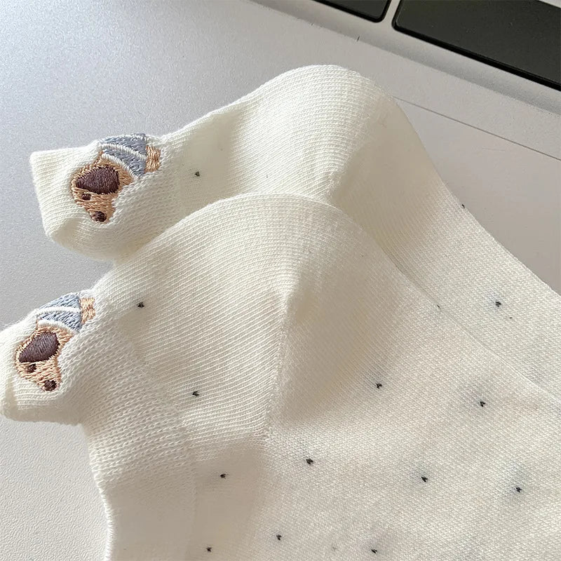 Spring Summer Thin Women Short Socks Polka Dots Cute Cartoon Sausage Dog Embroidery Boat Socks Pure Cotton Short Trendy Socks - Ice Cream Cake