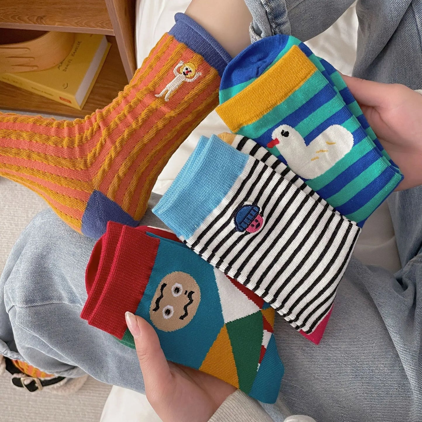 Happy Stripe Character Crew Socks - Ice Cream Cake