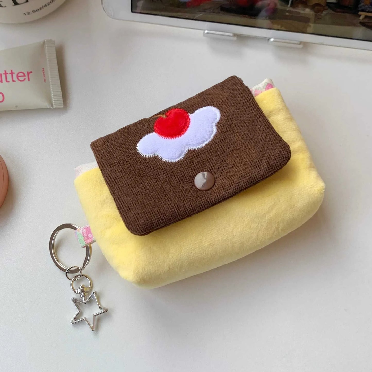 Multifunctional Small Pouch for Girls Cute Cherry Pudding Plush Coin Purse Mini Cartoon Portable Wallet for Cards Earphones Case - Ice Cream Cake