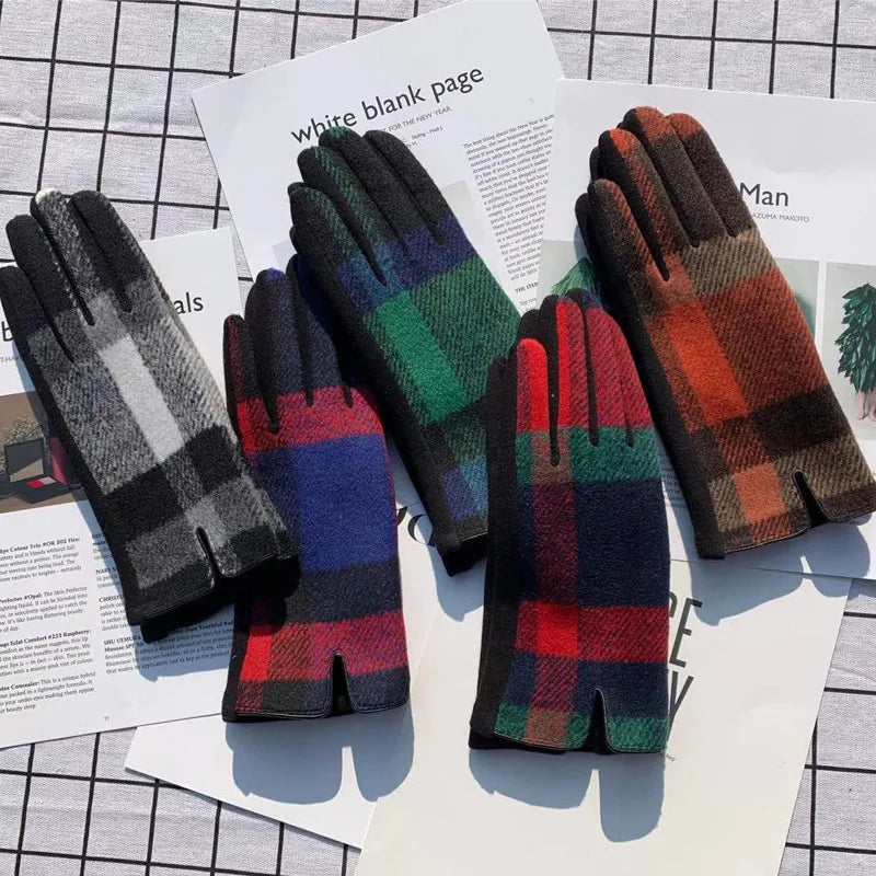 Set of plaid patterned gloves on a magazine page background