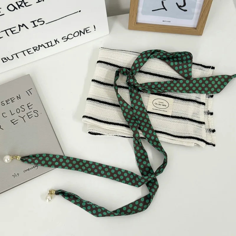 Faux Pearl Detail Skinny Scarf