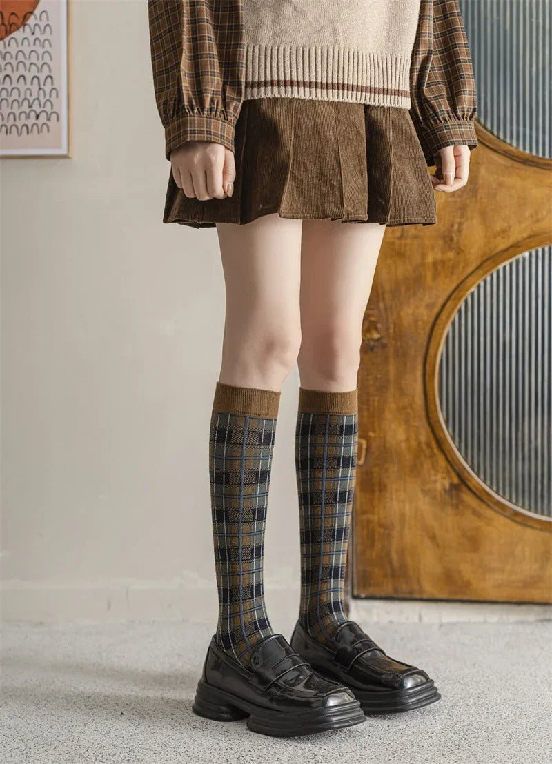 Plaid Long Socks Stocking Women Stockings Harajuku Retro Vintage JK School Girls Cotton Knee Socks Women Stockings College Style - Ice Cream Cake