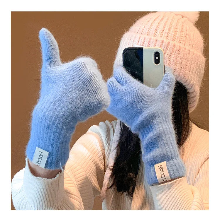 Women Wool Cashmere Gloves Cable Knit Touchscreen Finger Hole Winter Autumn Warm Wrist Length Classic Gloves Female Mitten - Ice Cream Cake
