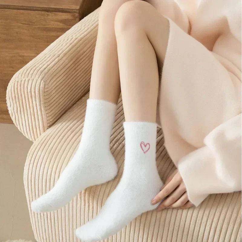 Fuzzy Heart Embroidery Crew Socks
