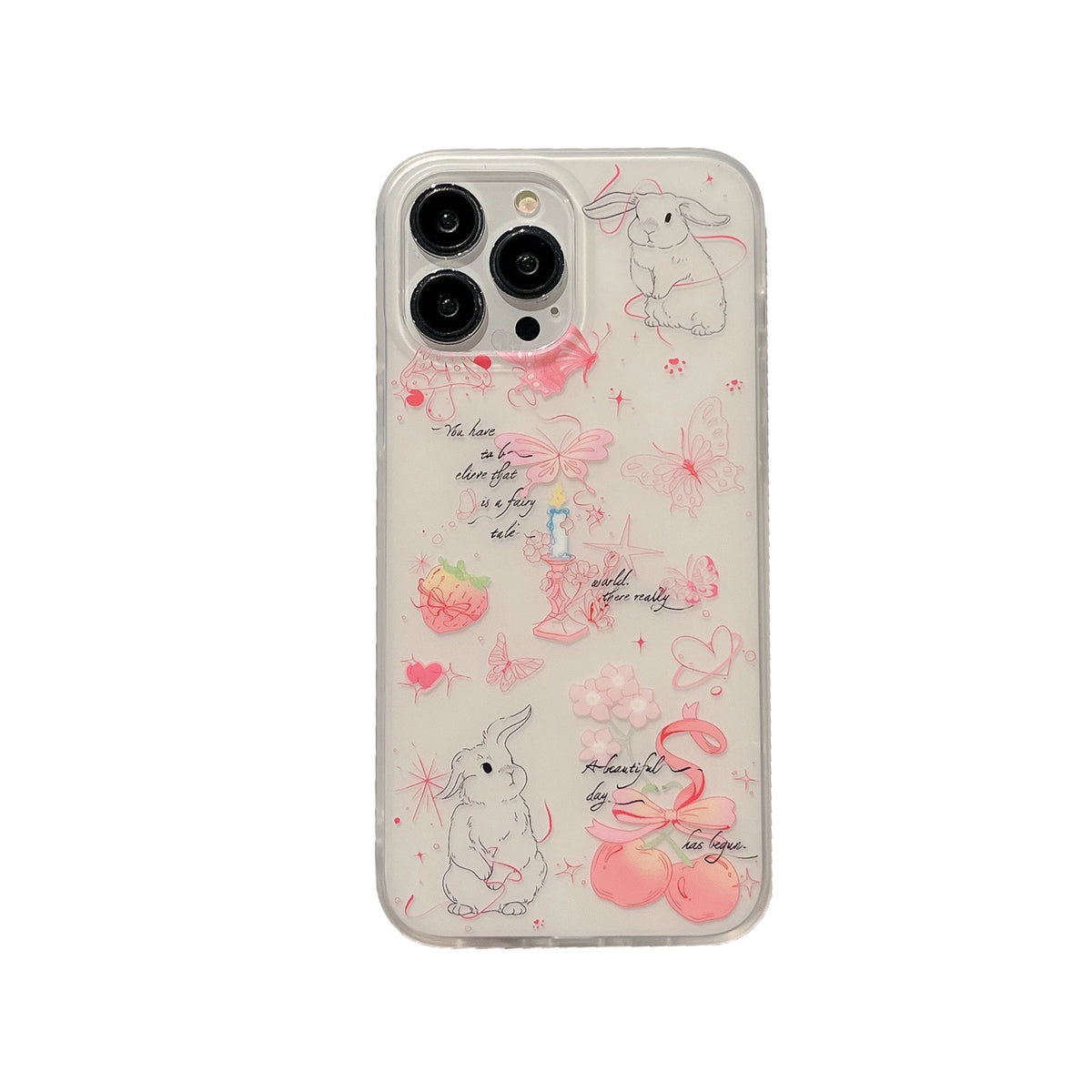 A clear phone case featuring a whimsical design with pink flamingos, white rabbits, butterflies, strawberries, and handwritten text, shown on a white background.