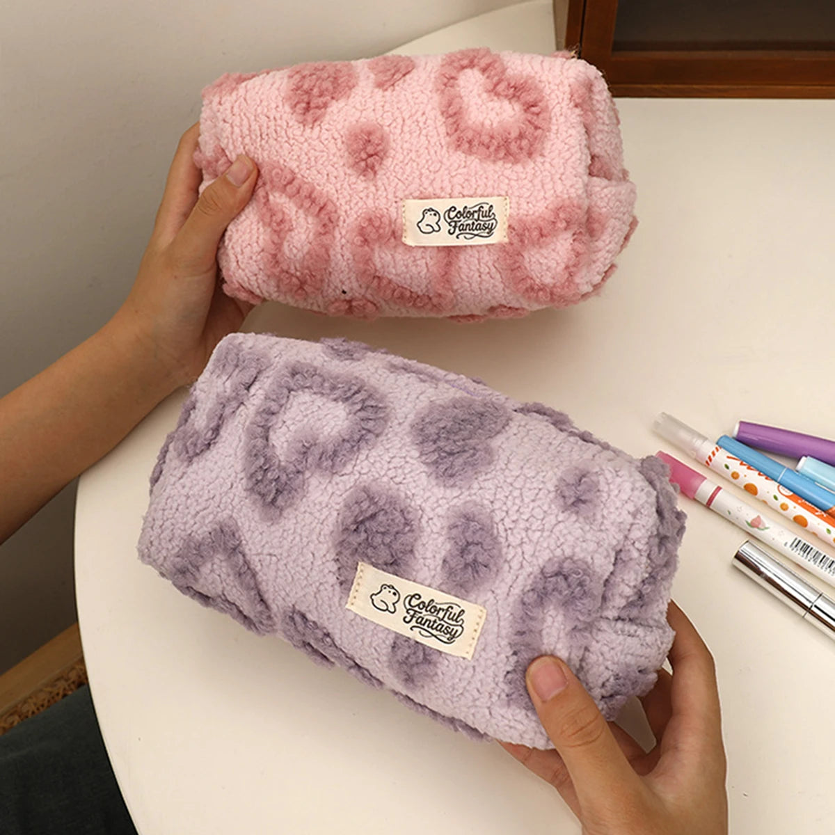 Cute Plush Heart-Shaped Pencil Case, Valentine's Day Gift for Her, Office Study Stationery Organizer, Portable Clutch Bag - Ice Cream Cake