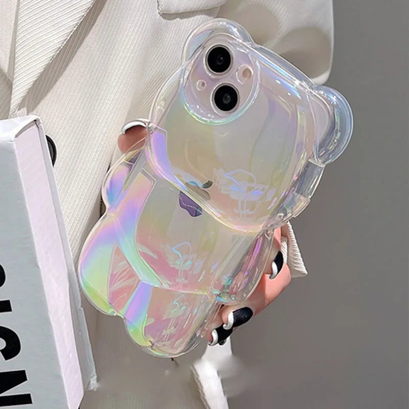 Ins Cute 3D Aurora Cartoon Bear Case For iPhone 11 13 12 14 15 16 17 Pro Max Plus Air Colorful Laser Rainbow Gradient Soft Cover - Ice Cream Cake