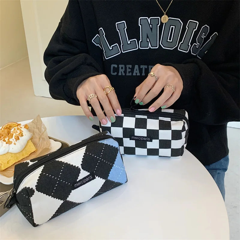 Korean Fashion Plaid Travel Makeup Kits Cosmetic Storage Bag Women Handbags Wallet Organizer Cute School Pencil Cases Pouch Bags - Ice Cream Cake