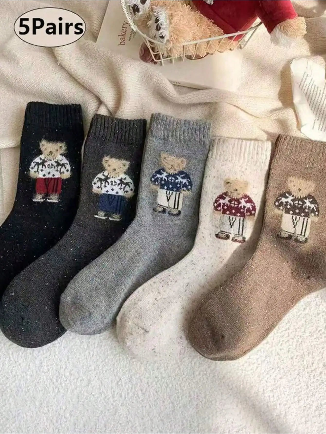 Stylish Teddy Bear Crew Socks, Set of 5