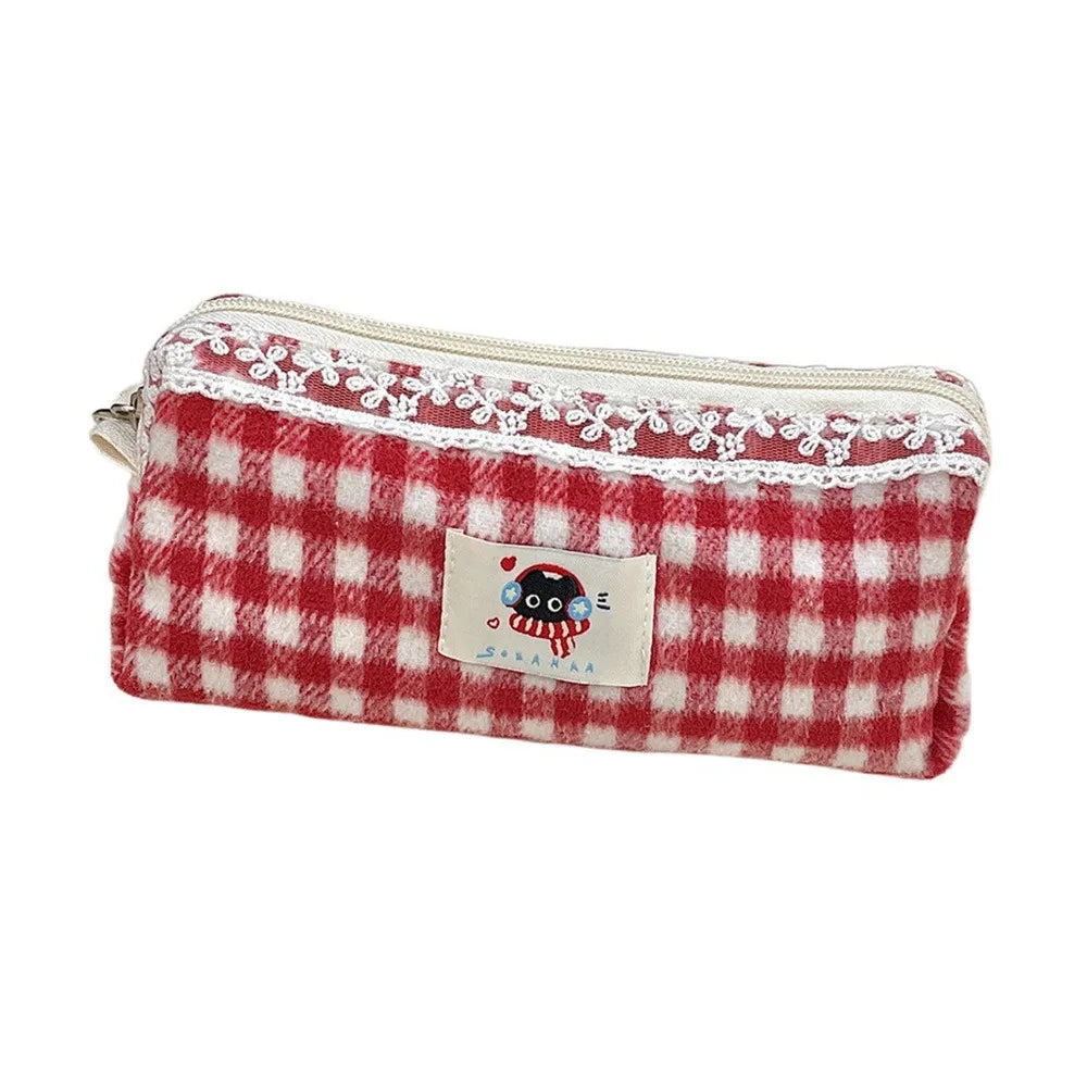 Winter Cat Gingham Zipper Pouch - Ice Cream Cake