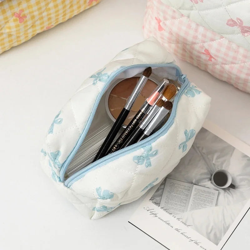 Quilted Gingham Bow Zipper Pouch