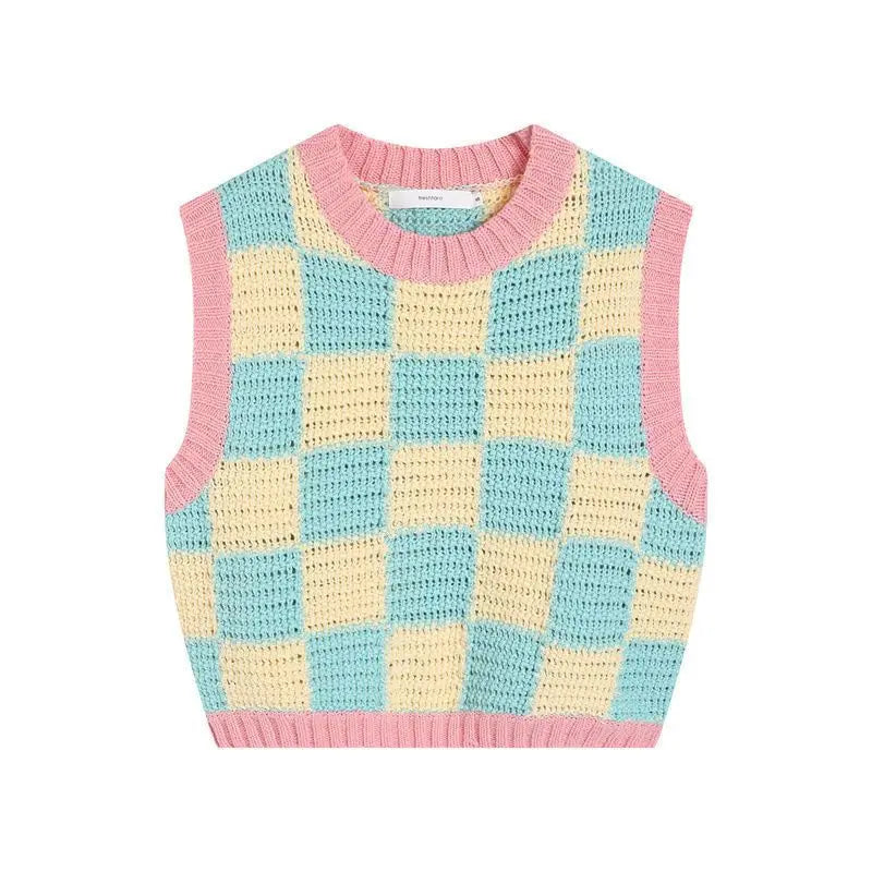 A sleeveless knit vest with a pastel checkerboard pattern of light blue, pale yellow, and pink, shown flat against a white background.