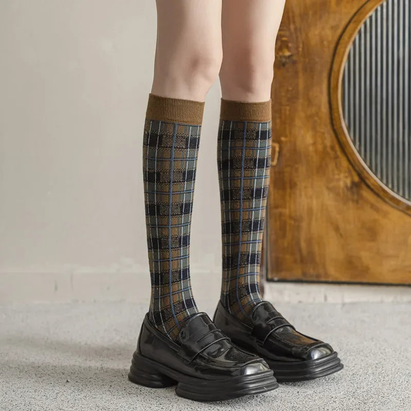 Plaid Long Socks Stocking Women Stockings Harajuku Retro Vintage JK School Girls Cotton Knee Socks Women Stockings College Style - Ice Cream Cake