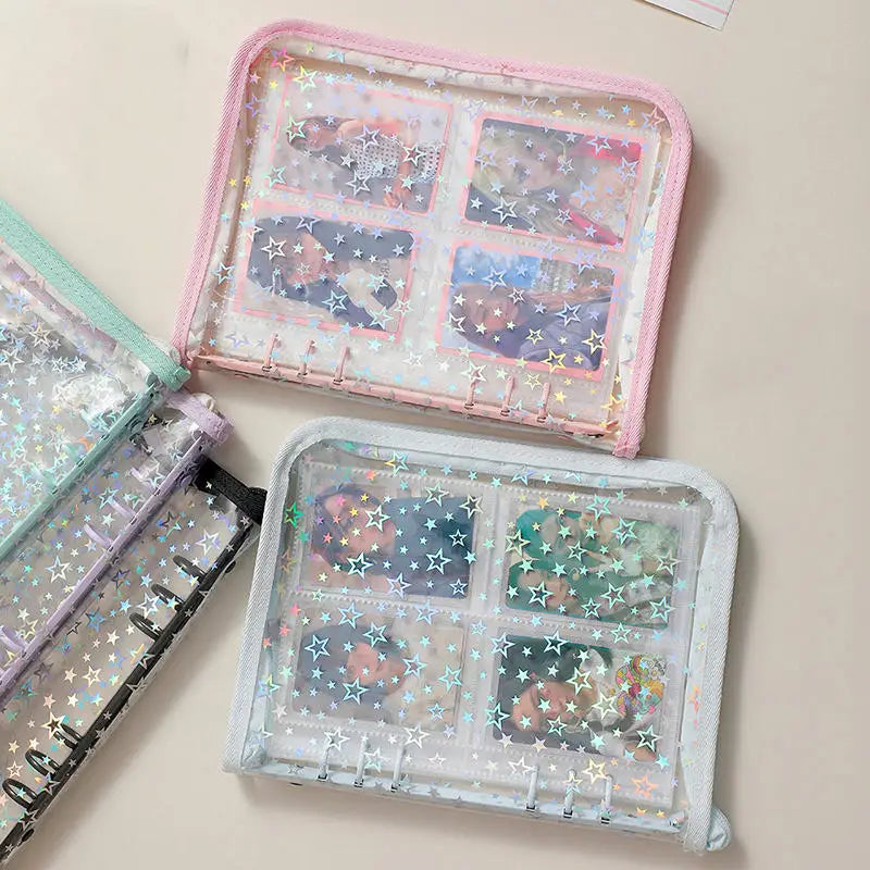 Transparent pouches with star designs on a beige surface