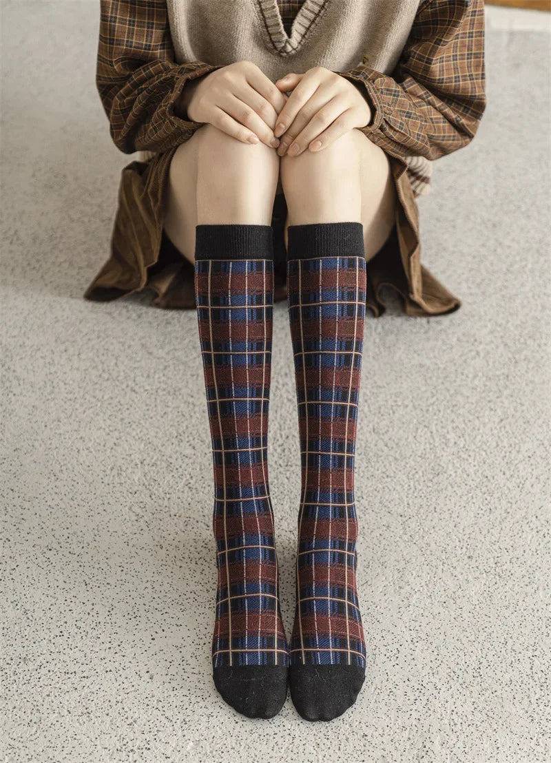Plaid Long Socks Stocking Women Stockings Harajuku Retro Vintage JK School Girls Cotton Knee Socks Women Stockings College Style - Ice Cream Cake