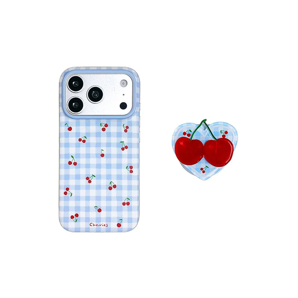3D Cute Cherry Blue Grid Pattern Magnetic Grip Tok Phone Cases for iPhone 17pro 15 16 pro max Wireless Charge For Magsafe Cover - Ice Cream Cake