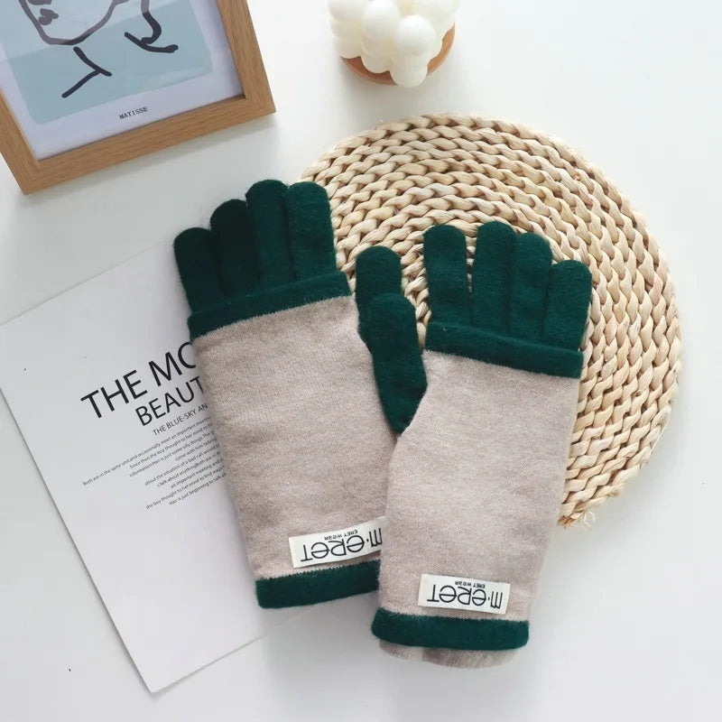 Thickened Leaky Finger Korean Style Ladies Dual-Use Color Matching Knitted Fashion Touch Screen Finger Knitting Wool Gloves - Ice Cream Cake