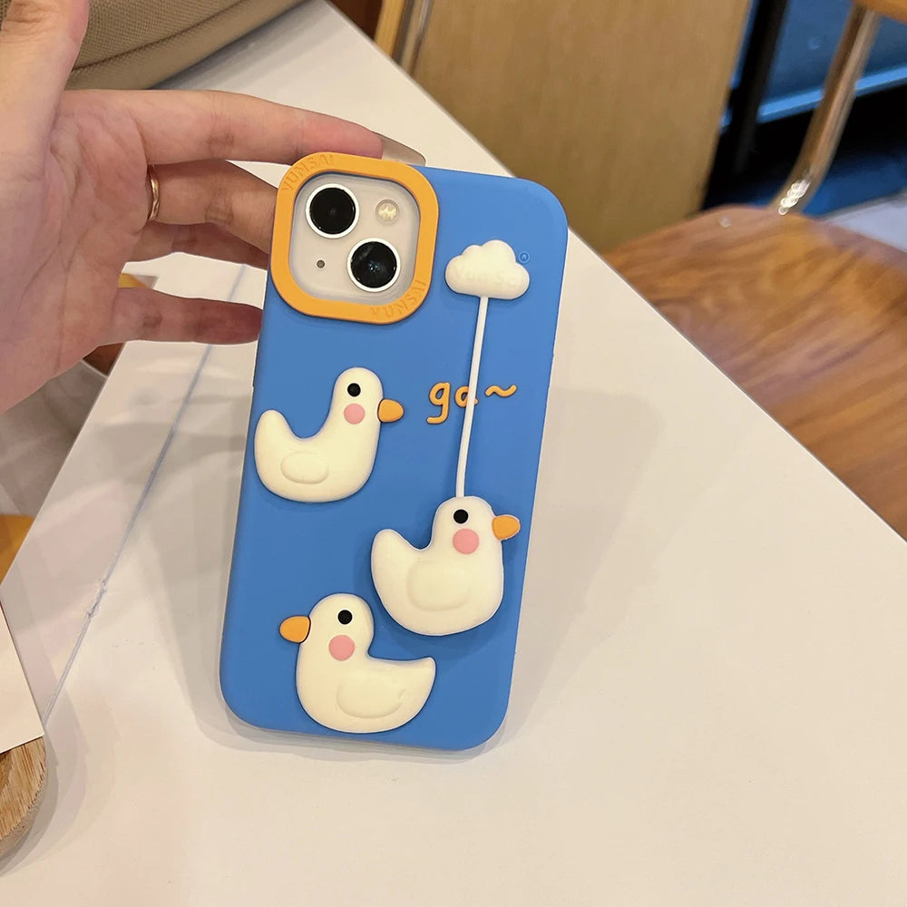 Cute 3D Duck Pendant Shockproof Cover Cartoon Shatter Silicone Soft Phone Case For iPhone 17 16 15 14 13 12 Pro Max - Ice Cream Cake