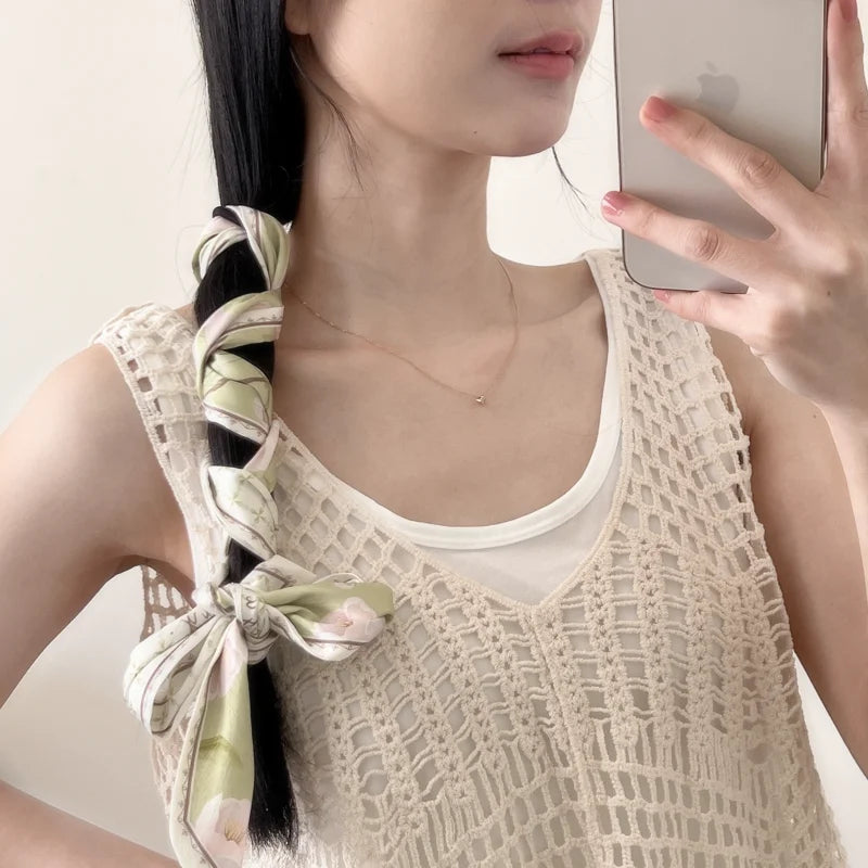 New Long Bag Scarf Women Hair Band Lady Accessories Print Skinny Scarves Headband Satin Ribbon Neck Tie Decorative Bag Scarves - Ice Cream Cake
