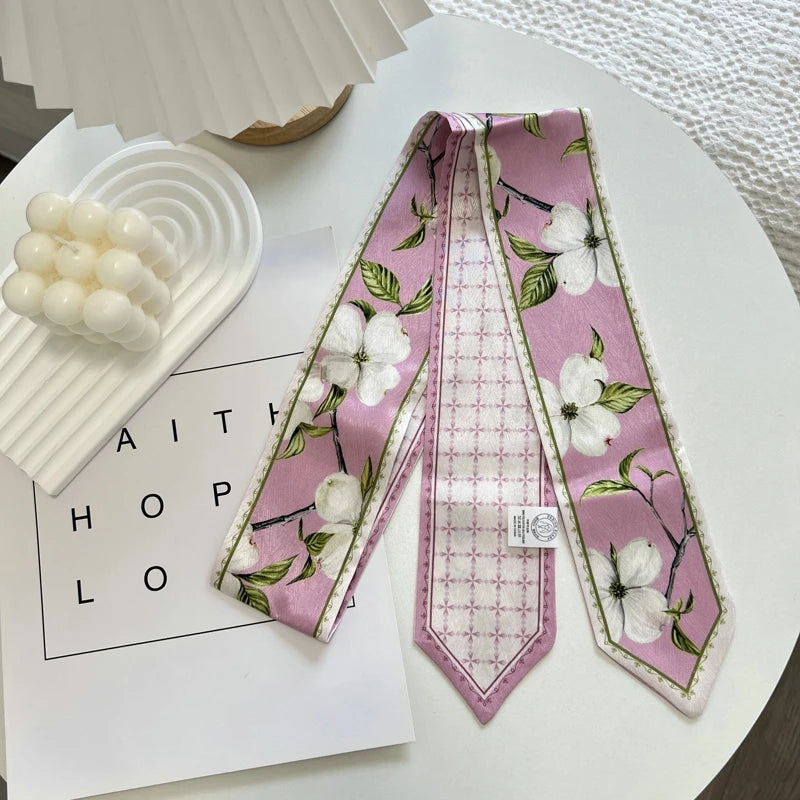 High-Grade Flower Print Long Silk Scarf Hair Band Ribbon Tied-up Hair Long Bow Vintage Satin Ribbon Hair Accessories For Women - Ice Cream Cake