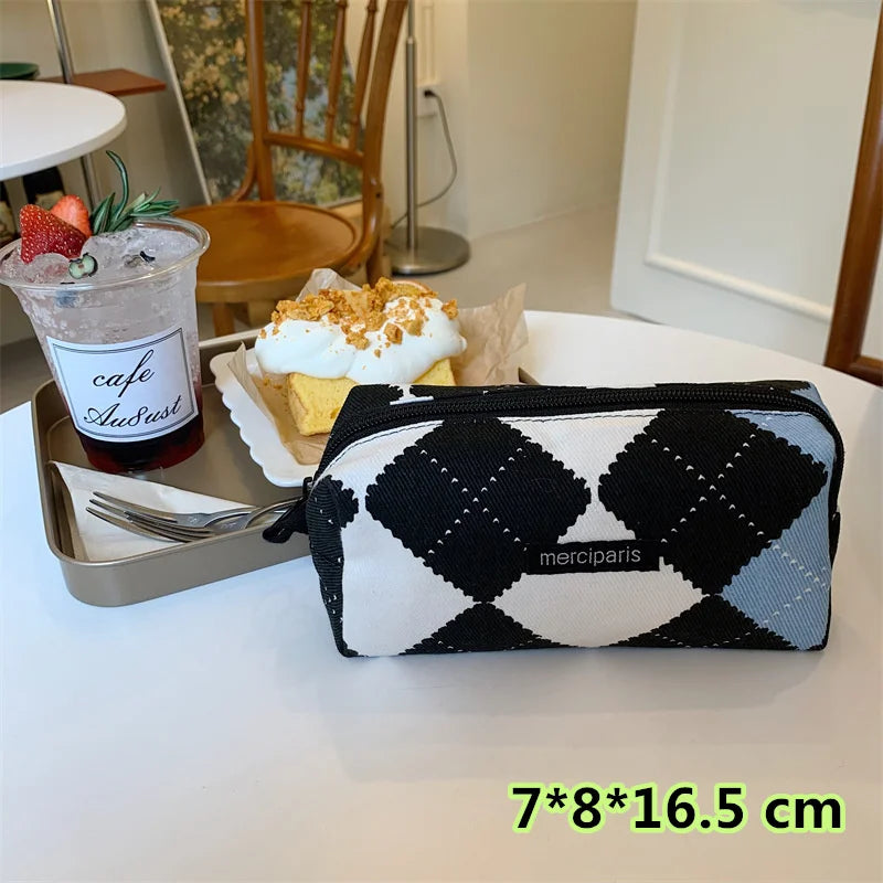 Korean Fashion Plaid Travel Makeup Kits Cosmetic Storage Bag Women Handbags Wallet Organizer Cute School Pencil Cases Pouch Bags - Ice Cream Cake