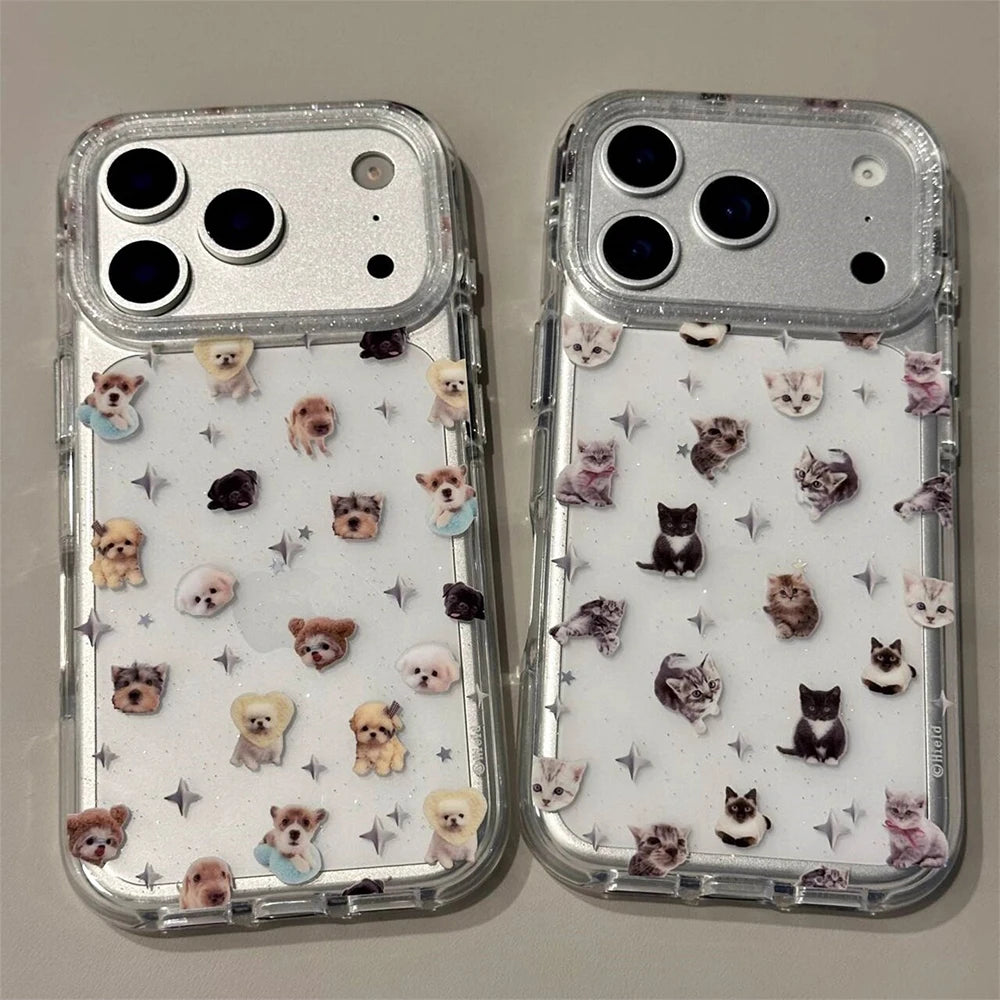 Two clear phone cases with glittery edges, decorated with small dog and cat faces and star motifs, shown on silver smartphones against a light neutral background.