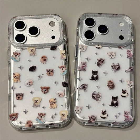 Two clear phone cases with glittery edges, decorated with small dog and cat faces and star motifs, shown on silver smartphones against a light neutral background.