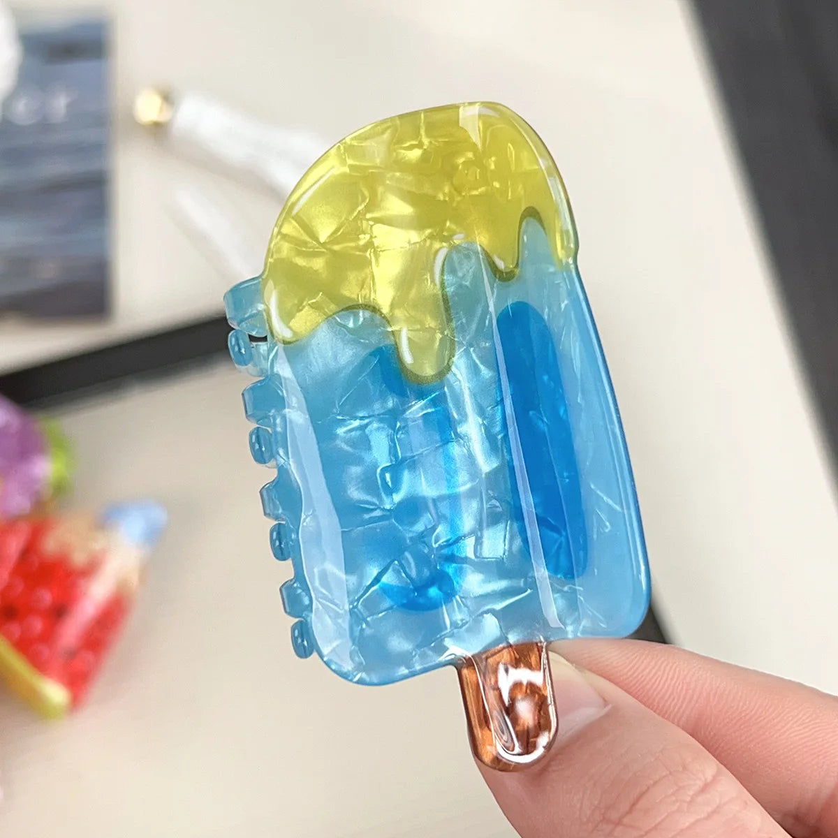 Creative Vacation Watermelon Ice Cream Hair Clip Summer Cartoon Chocolate Ice Cream Shark Clip Half-up Hair Accessory for Women - Ice Cream Cake