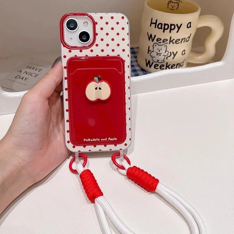 For iPhone 16 Pro Max 15 Pro 14 Plus 13 Mini 12 11 X XS XR 7 8 SE Cute 3D Apple Face Card Holder Cartoon Phone Case With Lanyard - Ice Cream Cake