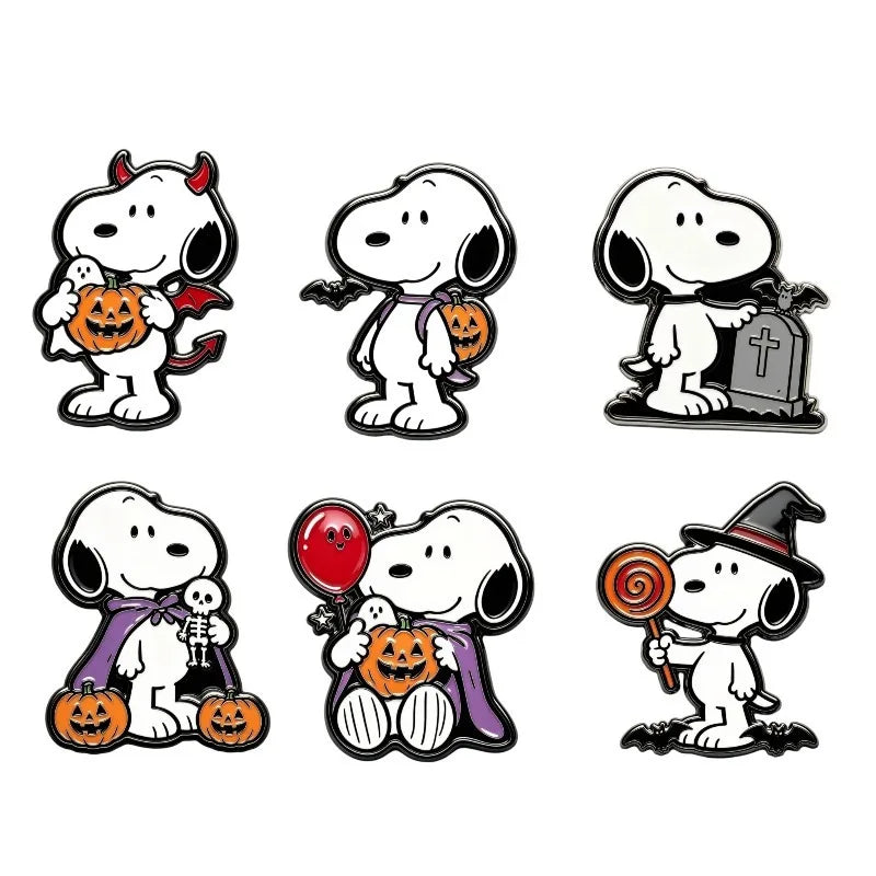 Six Snoopy Halloween enamel pins arranged in a 2x3 grid on a plain white background. The designs include Snoopy as a devil, standing, at a grave, as a vampire with a skeleton, holding a jack-o'-lantern, holding a red balloon, and wearing a witch hat.