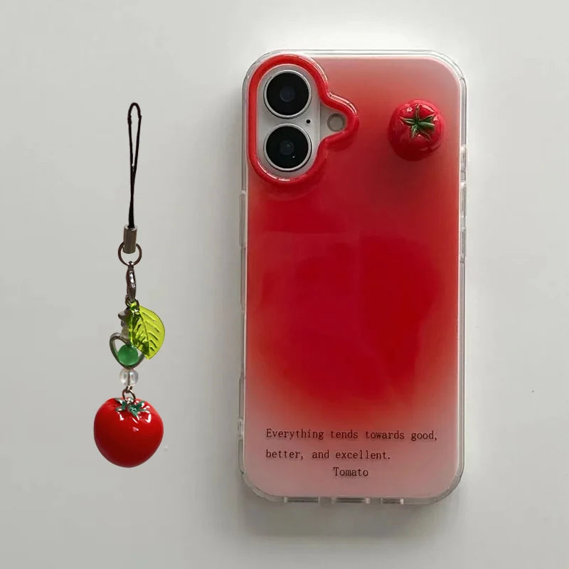 Phone case with tomato design and charm on a white background